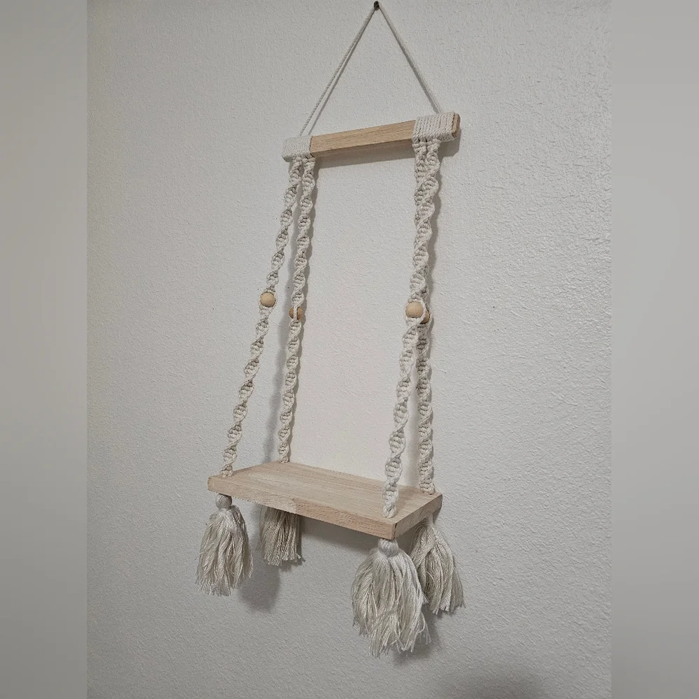 Handcrafted Macrame Wall Shelf - Natural Wood and Cream